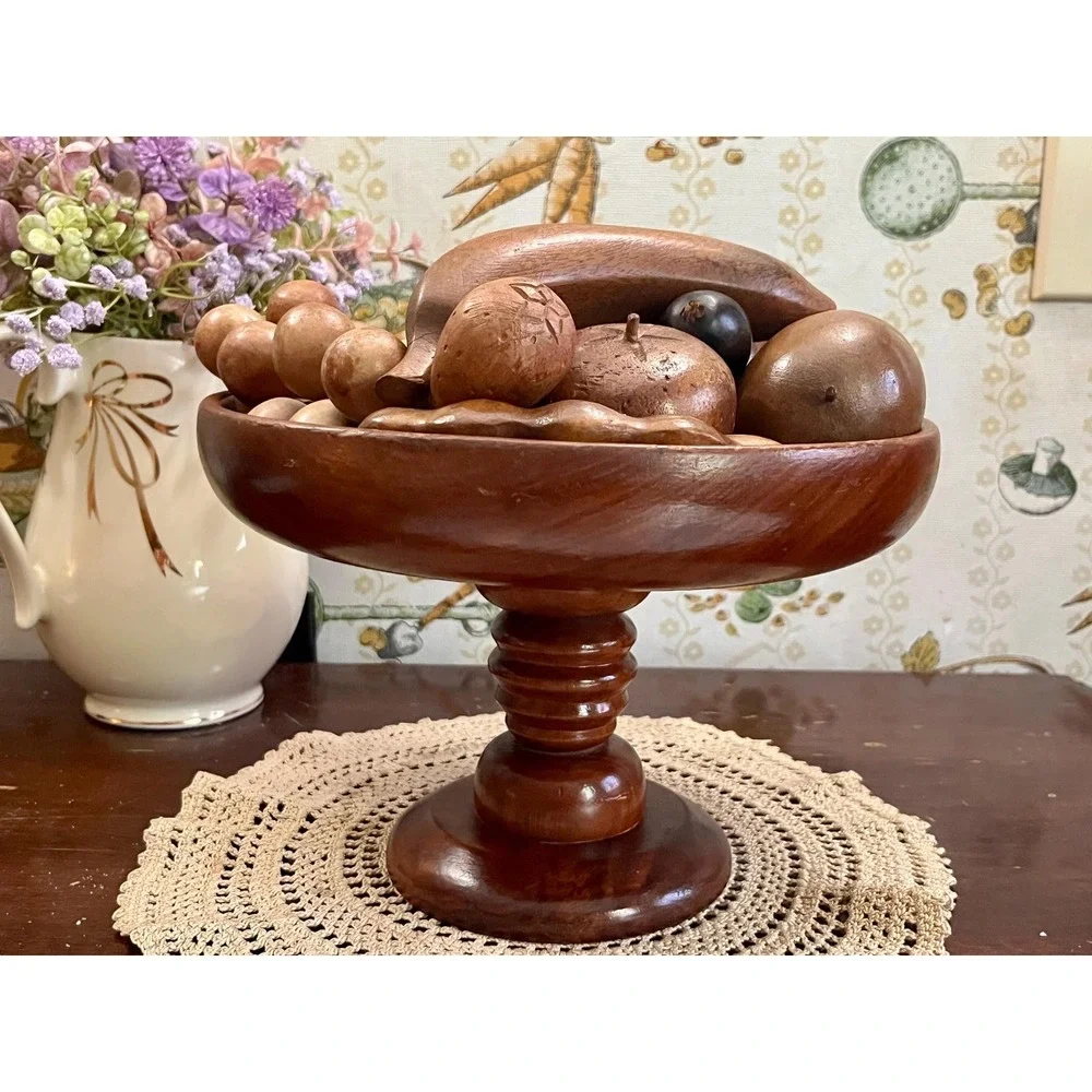 Vintage MCM Hand-Carved Wooden Fruit Bowl Centerpiece 15 Piece Set